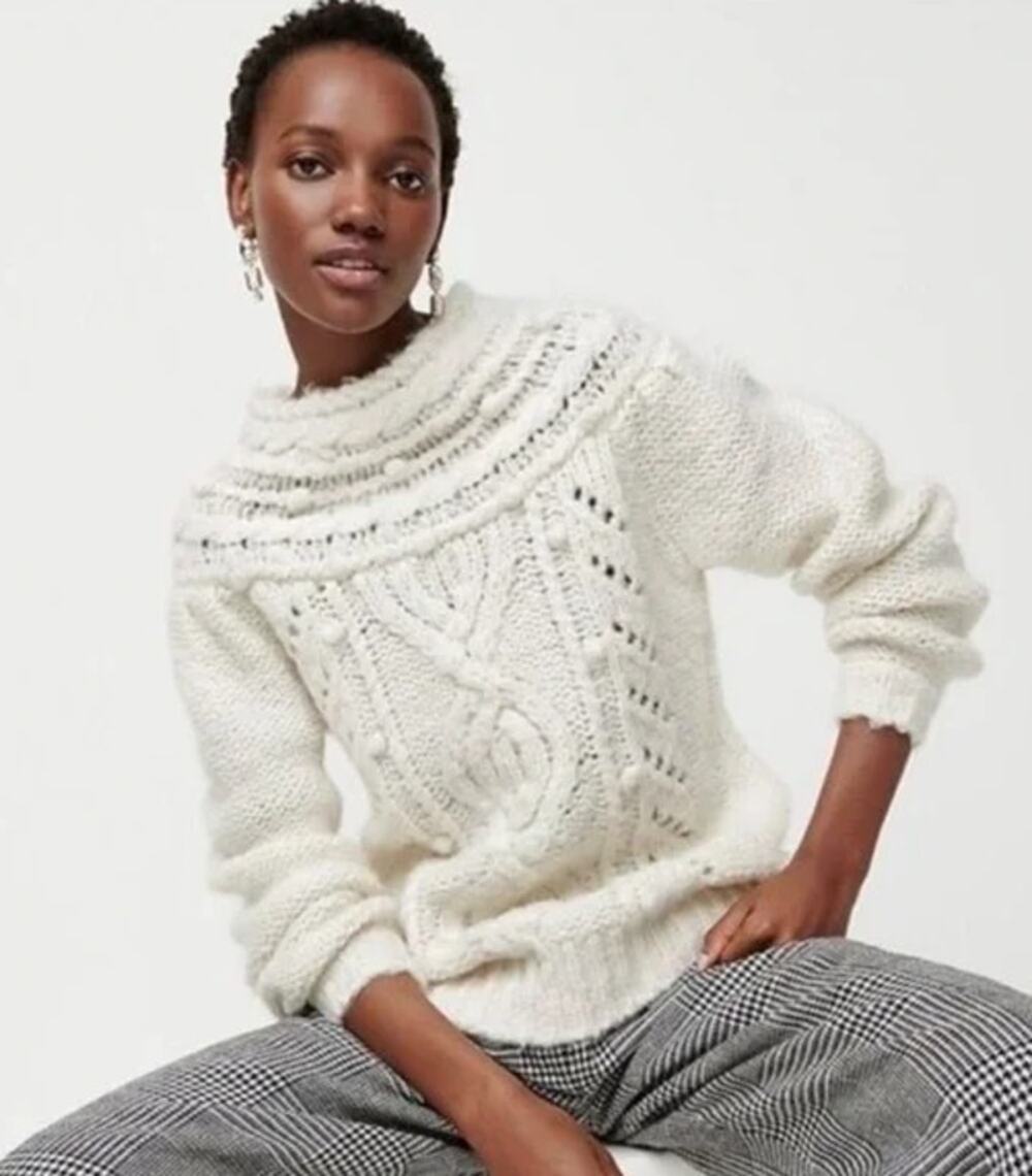 J. Crew Pointelle Pom Pom Sweater Alpaca Wool Blend Chunky Cable Knit Preppy